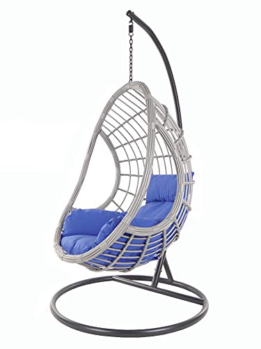 KIDEO® PALMANOVA großer Hängesessel inklusive Gestell und Kissen, Polyrattan, grau (Kissen: Nest dunkelblau [5900 Admiral])