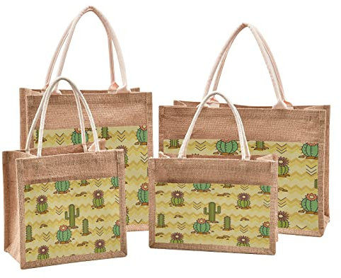 Mnsruu Cactus Geometric Plant Flower Jute Tote Bags Women Grocery Shopping Bags with Handles for Outdoor Travel 9.8 x 9.8 x 7.1 inches