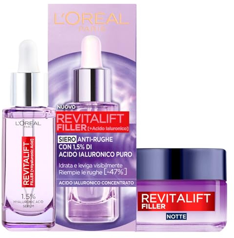L'Oréal Paris Revitalift Filler Serum för Volymgivande Effekt + Nattkräm för Uppfyllande Anti-Rynk Vård - 2 Behandlingar med Hyaluronsyra