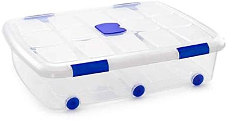 Acan - Caja de plástico transparente de 18 x 80 x 60 cm, con capacidad de 56 litros, Contenedor de plástico para almacenamiento con tapa y ruedas. (Con ruedas, 56 L)