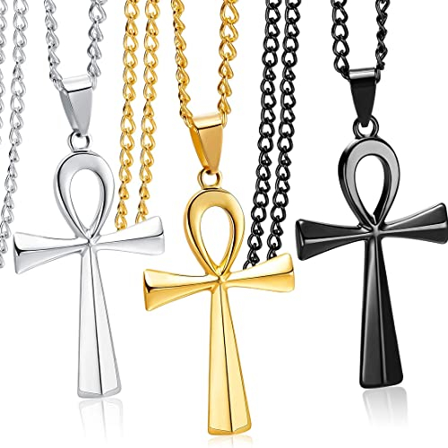3 Stück Schmuck Edelstahl Ägypten Ägyptisches Zeichen Kreuz Anhänger Halskette für Herren Damen Altägyptischer Charme des Lebens Anhänger Halskette Halskette mit Kreuzanhänger, Silber Gold Schwarz