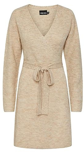 Pieces Robe Pcellen Ls Wrap Knit Dress Noos BC, White Pepper, L