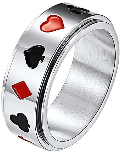 JewelryWe Schmuck Fidget Angst Ring Herren Damen Spielkarte Poker Spinnring Edelstahl Pik Herzen Pflaume Quadratische Karten Band Bandring mit Gravur, Silber Größe 57