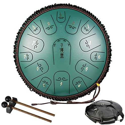 Tongue Drum Zungentrommel Scheibentrommel Steel Pan Töne 15 Noten 14 Zoll C-Dur Schlaginstrument Hand Pan Drum Mit Trommelstöcken Tasche Für Meditation Yoga Klangheilung,Grün