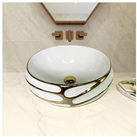 MEJE 45 x 40 x 16,5 cm Lavandino Artistico Ovale in Rilievo con Design Decorativo Dorato, Lavandino da Appoggio per Vasca da Bagno, Lavandino in Porcellana (Include Scarico Pop Up)
