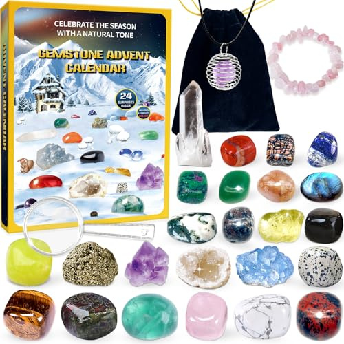 Gemstone Advent Calendar 2025 for Kids with 24 Days Christmas Countdown, Grystals & Natural Rock Stones & Minerals for Exploring, Learning, Collection, Xmas Gift for Girls Boys Geology Enthusiasts