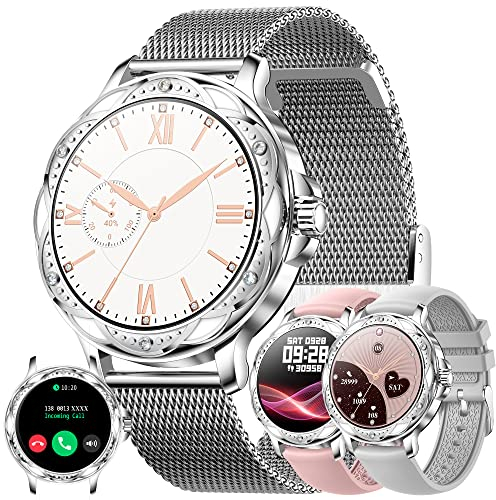 Reloj Inteligente Mujer con Llamadas, 1,2 Pulgada Smartwatch Deportivo con Diamond Podometro Pulsometro SpO2 Sueño Presion Arterial Actividad 5ATM Reloj Digital para iOS Android, Regalo Mujer (Plata)