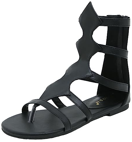 Jamron Mujer Puntera Abierta Sandalias de Dedo Sandalias Romanas de Tiras Botines con Cremallera Negro SN0705141 EU38