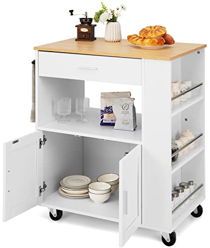 KOMFOTTEU Carrello da Cucina con 3 Ripiani per Spezie, Isola da Cucina, Carrello da Portata su Ruote, Trolley da Cucina con Vano Portaoggetti Aperto e Cassetto, Bianco, 82x46x92cm (Bianco e Naturale)