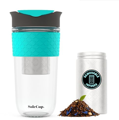 SoleCup. Grande tasse de voyage avec infuseur à thé en vrac – Passoire à thé amovible avec couvercle anti-déversement – 530 ml – Tasse à café de voyage en verre sans BPA réutilisable avec bande en