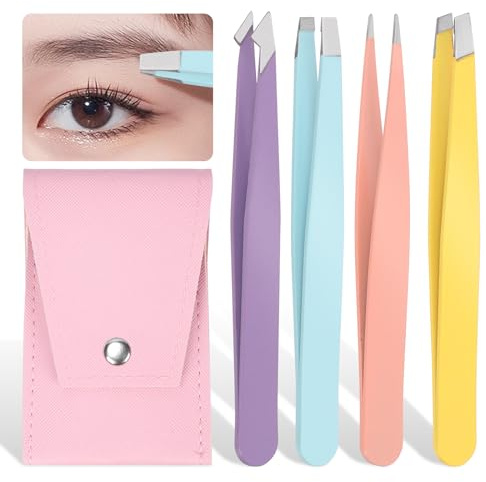Glarks Juego de 4 pinzas para cejas de acero inoxidable, pinzas de punta inclinada, pinzas profesionales de precisión para cabello facial y cejas para hombres y mujeres