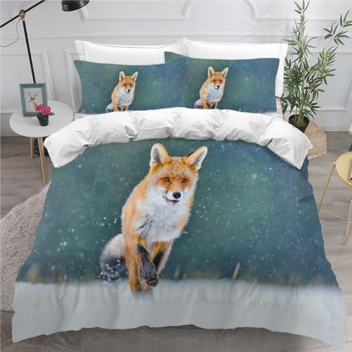 DILANI Bettwäsche 135x200 Kinder Fuchs 3D Bettwäsche-Set 3 Teilig Tiere Schnee Weiche Microfaser Bettbezug mit Reißverschluss und Kissenbezug 80x80cm für Mädchen Jungen Kinder