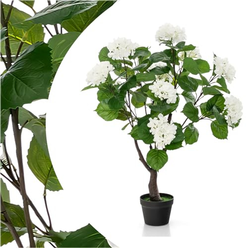 SPOTRAVEL 105cm Artificial Hydrangea Tree, Silk Flower Plant with 11 White Flowers & Realistic Trunk, Indoor Faux Silk Tree for Home Office Living Room Wedding (1)