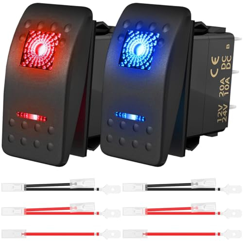 MKBKLLJY 2St. Kippschalter DC 20A/12V 10A/24V SPST Rot Blau LED Beleuchtet Wasserdicht Wippschalter 5Pin Ein/Aus mit Überbrückungskabel Set für UTV Autos Boot
