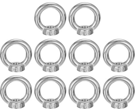 sourcing map M10-1.5x42mm Lifting Eye Nuts, 10 Pcs 304 Stainless Steel Round Ring Shape Female Threaded Nut Fastener for Home Repairs Rope Fitting