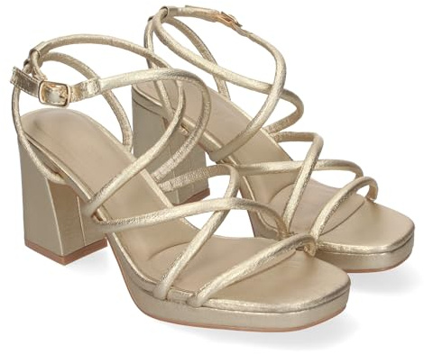 shoes&blues.es 85139 Sandalia de Tacon para Mujer, Comoda, con Tiras en el Empeine, y Cierre de Hebilla, Ideales para Primavera Verano. Oro Talla 39