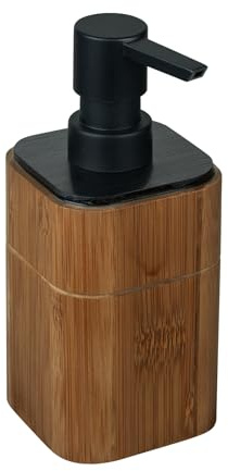 WENKO Seifenspender Serro, nachfüllbarer Spender aus Bambus für ca. 200 ml Flüssigseife, Kunststoff-Einsatz, Schwarz