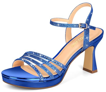 PIZZ ANNU Lena - Sandalias de tacón alto para mujer, con diamantes de imitación brillantes, puntera abierta, correa al tobillo, para fiesta, boda, color blanco, azul