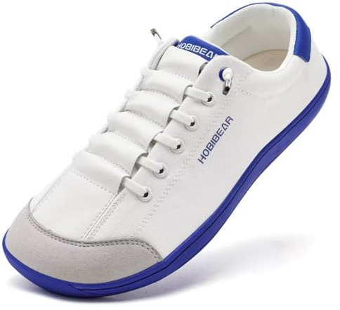 HOBIBEAR Chaussures unisexes larges pieds nus pour femmes et hommes, chaussures minimalistes pieds nus pour le plein air, course en sentier, légères et confortables, blanc/bleu, 38 EU Large