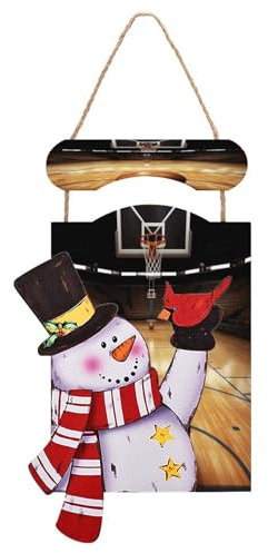 Christmas Snowman Wooden Sign, Basketball Print Festive Hanging Board for Home Decor, Front Door Ornament, Holiday Decoration