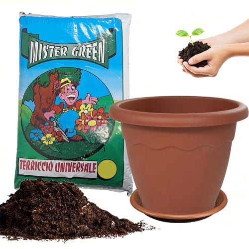 Sicignano | Vaso Vulcano Tondo 40 cm per Fiori Piante con Sottovaso 19 Litri, Plastica Color Terracotta, con Terriccio 20 Litri, con Fori di Drenaggio, Resistente agli UV, Made in Italy