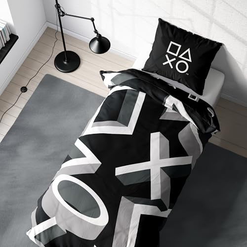 Parure de lit Playstation 135 x 200 cm – Idée cadeau de jeu pour adolescent – 1 x taie d'oreiller 80 x 80 cm + housse de couette 135 x 200 cm, avec fermeture éclair – Motif réversible – Article de fan