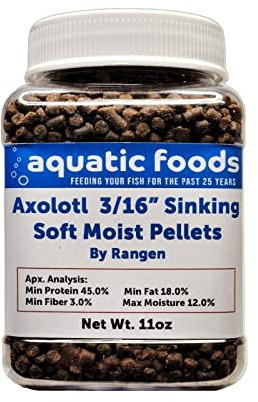 Aquatic Foods Inc. Axolotl Food, 3/16 Soft Moist Sinking Pellets, Rangen's Salmon Meal Pellets for Medium & Adult Axolotl. Also Shrimp, Snails, Crabs, All Tropical Fish...11oz Small Jar