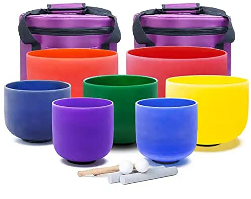 Juego de 7 cuencos tibetanos de cuarzo esmerilado de colores de 6 a 12 pulgadas for yoga/curación de sonido/meditación, cuencos de sonido curativos de chakras con 2 estuches de transporte y exquisita