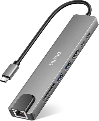 SINEHO Hub USB C 8 en 1 Multiport con HDMI 4K@30Hz, Carga PD 100W, USB 3.0, USB 2.0, Puerto de Datos USB-C, Puerto Ethernet y Lector de Tarjetas SD/TF – Compatible con MacBook, DELL XPS y más