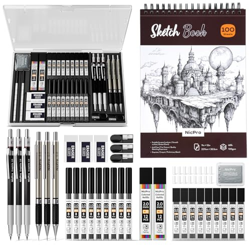 Nicpro 37PCS Art Drawing Supplies Kit, Metal Mechanical Pencil Set 0.5, 0.7, 0.9 & 2mm, 100 Sheets 9x12 Sketch book, 288PCS Leads, School Supplies Drawing Kit for Artist Adults Teens Kids Sketching