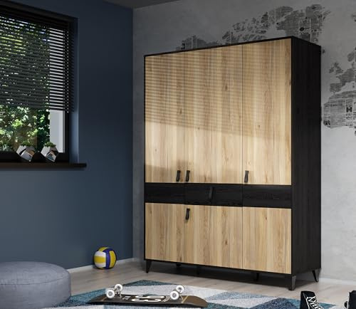 Forte LYA Kleiderschrank 160, Moderner Kleiderschrank, 4-türig, 1 Schublade, Drehtürenschrank, Holzwerkstoff, Cabezone Eiche/Mauvella Eiche Holzdekor, 152,8 cm breit x 200,7 cm hoch x 52,7 cm tief