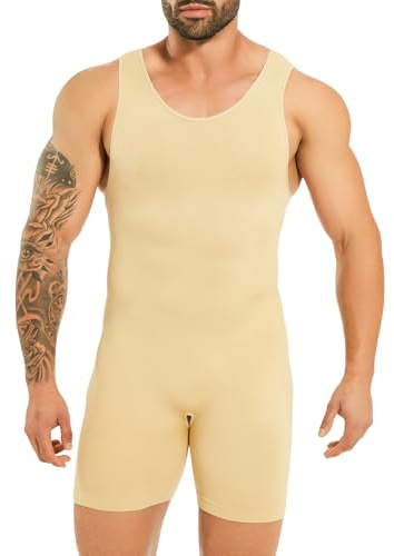Kitfore Shapewear för män, bodysuit, helkroppsformare, sömlös magkontroll, kompressionströja, kroppsformare, undertröja med benshorts, Beige, L