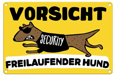 Goodvia Vorsicht Freilaufender Hund Schild Lustig mit bild Security Dog Aluminium Metall Reflektierend, Warnung vor dem Hund Schilder Gelb x1 Stück