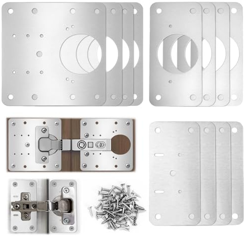 QWORK® 12 Piezas placas reparación bisagras, placa de reparación de acero inoxidable con tornillos, para reparación de puertas y muebles