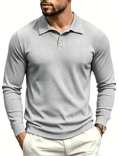 Yewloch Uomo Polo Sport Manica Lunga Maglietta da Golf vestibilità Muscolare Grigio,M