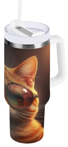 RPLIFE Simpatico Ginger Cat Occhiali da sole 1,18 once Tumbler con manico e cannuccia, bottiglia d'acqua in acciaio inox con cannuccia, bicchiere da tè
