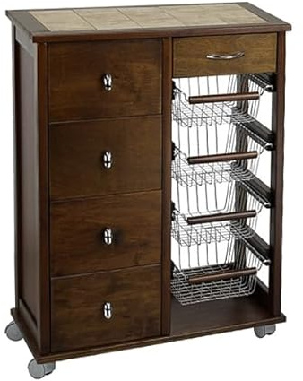 Liberoshopping Carrello cucina cassettiera OTELIA in legno di faggio con 4 cassetti, 4 cesti portafrutta in acciaio, ruote piroettanti e piano con mattonelle in ceramica – Made in Italy (Noce)