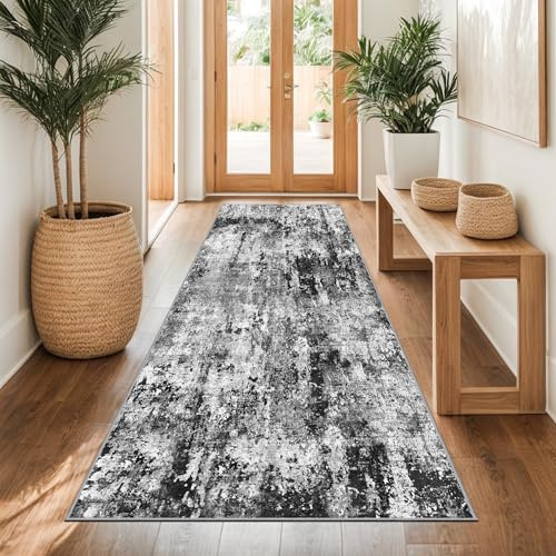 Capslpad Teppich Läufer Flur 80x200cm Schwarz Abstrakter Waschbar rutschfest Küchenläufer Teppich Modern Minimalistisch Kurzflor Kunstwolle Teppiche für Wohnzimmer Schlafzimmer