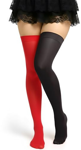 Syhood Halloween Thigh High Stockings Red + Black 1 Pair | Thigh High Tights, Snug Flexible Fit Suitable for 75-80cm Thigh Circumference, Ideal for Halloween and Cosplay Events