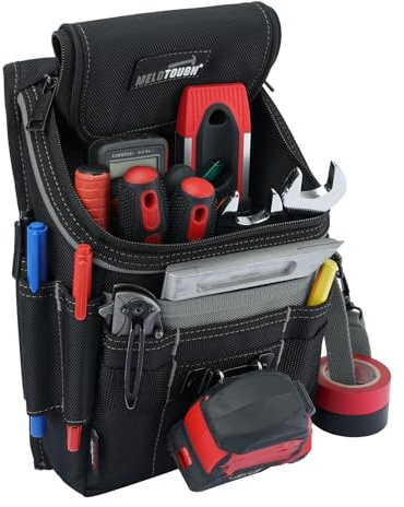 MELOTOUGH Borsa porta attrezzi con cerniera media, con clip da cintura, 16 tasche, resistente, con cerniera, per elettricisti, clip per metro a nastro e cinghia per nastro elettrico, per falegnami