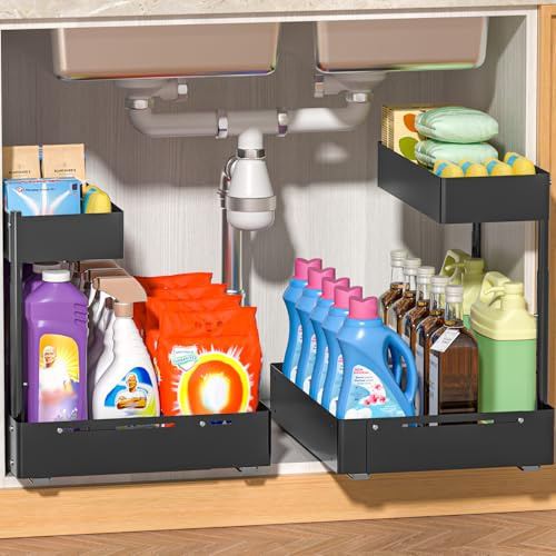 YJHome Ausziehbare Spülschrank Organizer, Metall Unter Waschbecken Regal 2 Etagen, Verstellbare Breite Höhe, Herausziehen Under Sink Organizer für Küche, Bad, Unterschrank, 2-Stück Schwarz