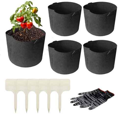 BTIUGYI 5 x 40 l planteringspåse med krukmatta, fleece tyg planteringspåse med handtag, tygkruka med 10 x 6 cm växtetikett för potatis, tomater och grönsaker, diameter 38 cm, höjd 33,5 cm