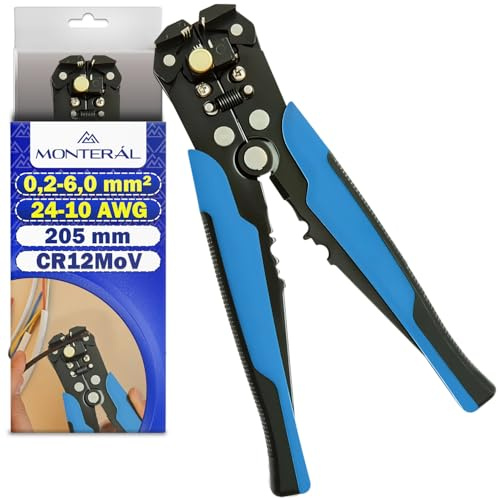 Alicates Pelacables Electricista para Cortar Cables 0,2-6,0 mm² 24-10 AWG - Herramienta Pelacables Automático 205 mm con Mango Ergonómico - Fabricado en Acero CR12MoV - MONTERAL