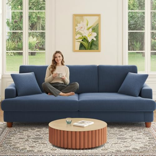 Kidirect Cord Sofa 3 Sitzer, 221CM Bequemes Couch 53CM Extra Tiefe Sitze, Sofa Wohnzimmer Werkzeugfreie Montage, Big Sofa Couch mit 2 Kissen, Modernes Couch fürs Büro, Schlafzimmer Sofas Blau