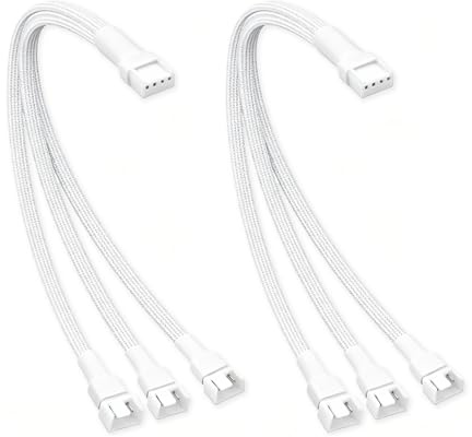 Yuiturt 4-Pin PWM Fan Splitter Cable 1 to 3, 27cm Sleeved Braided Y Adapter for PC Motherboard, 4 Pin Female to 3 x 4 Pin Male, 2-Pack White for Computer Case Cooling Fan Speed Control