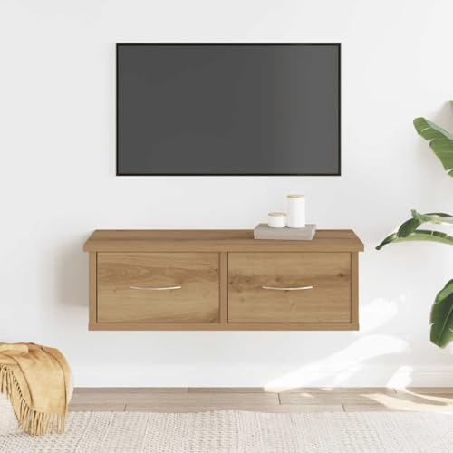 Wynira Wandschrank Artisan-Eiche Holzwerkstoff 60x26x18,5 cm mit 2 Schubladen, schwebendes Wandregal schmal für Wohnzimmer, stabiles Hängeregal, modernes Floating Shelf, rustikales Design