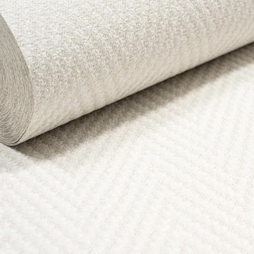 SOPHIE LAURENCE Cream Geometric Herringbone Chevron Textured Wallpaper Woven Textile Effect Free Match Non-Woven Vinyl Paste The Wall 10m x 0.53m Full Roll Hallyway Feature Bedroom Vinyl