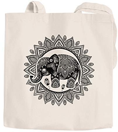 Autiga Jutebeutel Elefant Mandala Boho Bohamian Ethno Tribal Ornament Baumwolltasche Stoffbeutel Einkaufsbeutel natur 2 lange Henkel