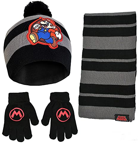 Nintendo Boys Winter Hat, Scarf, and Kids Gloves Sets, Super Mario for Ages 4-7 Black/Grey