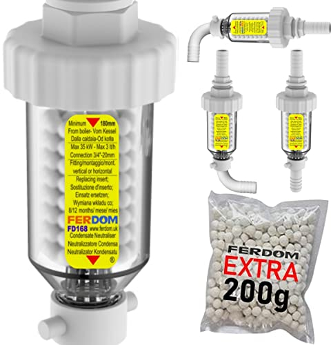 FERDOM FD168 Neutralizador De Condensado De Caldera, Recargable, Tamaño Mini. Para Todas Las Calderas De Condensación De Hasta 35 kW. Ajuste Horizontal O Vertical Para La Tubería De La Caldera.